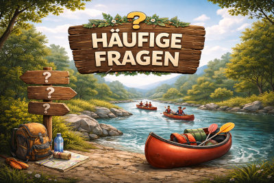 Comic-Zeichnung mit Kanufahrern an einem Fluss und einem Wegweiser mit lauter Fragezeichen